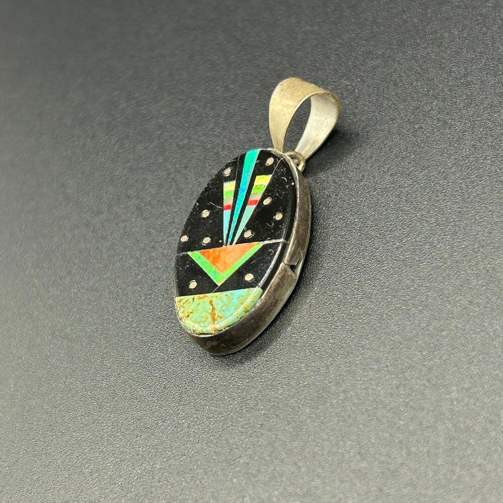 Navajo Turquoise Spiny Oyster Inlay Sterling Silver Stamped Necklace Pendant - Picture 2 of 4